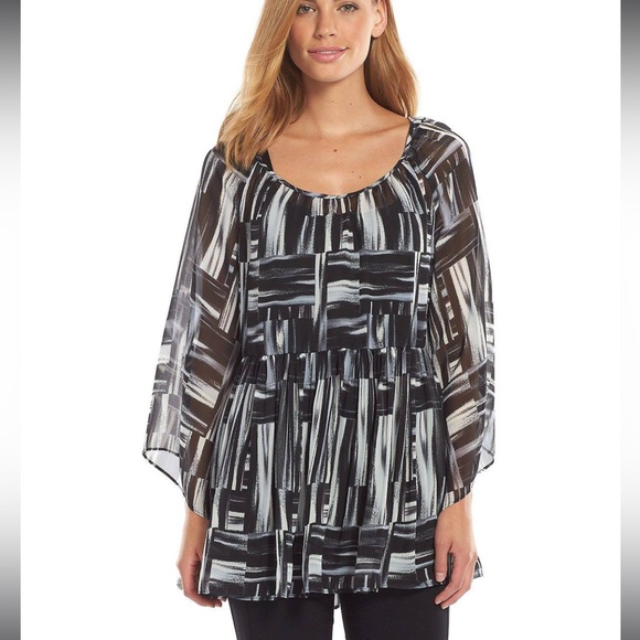 Ab Studio XL ruffled pleated black and gray geometric blouse - Picture 1 of 7